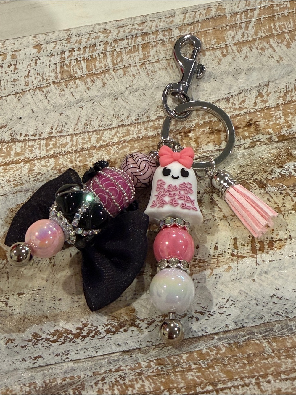 Pink Ghost Bead Bag Charm Keychain with Tassel